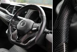 Alternative view of T6.1 Vee Dub Performance Carbon Fibre & Punched Leather Flat Bottom Steering Wheel (Black Stitch)