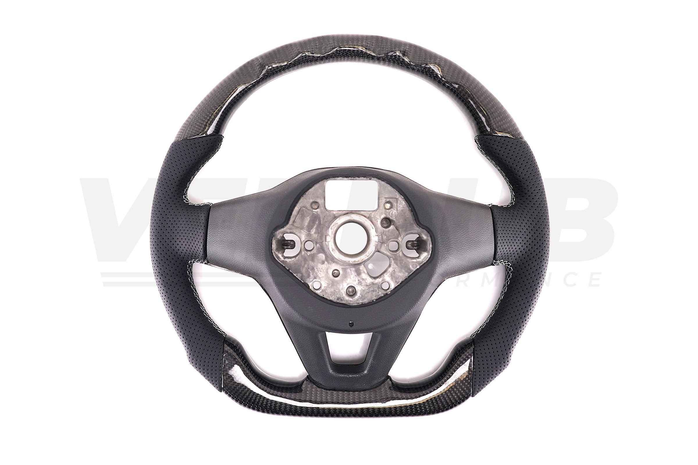 T6.1 Vee Dub Performance Carbon Fibre & Punched Leather Flat Bottom Steering Wheel (Grey Stitch) - Image 5