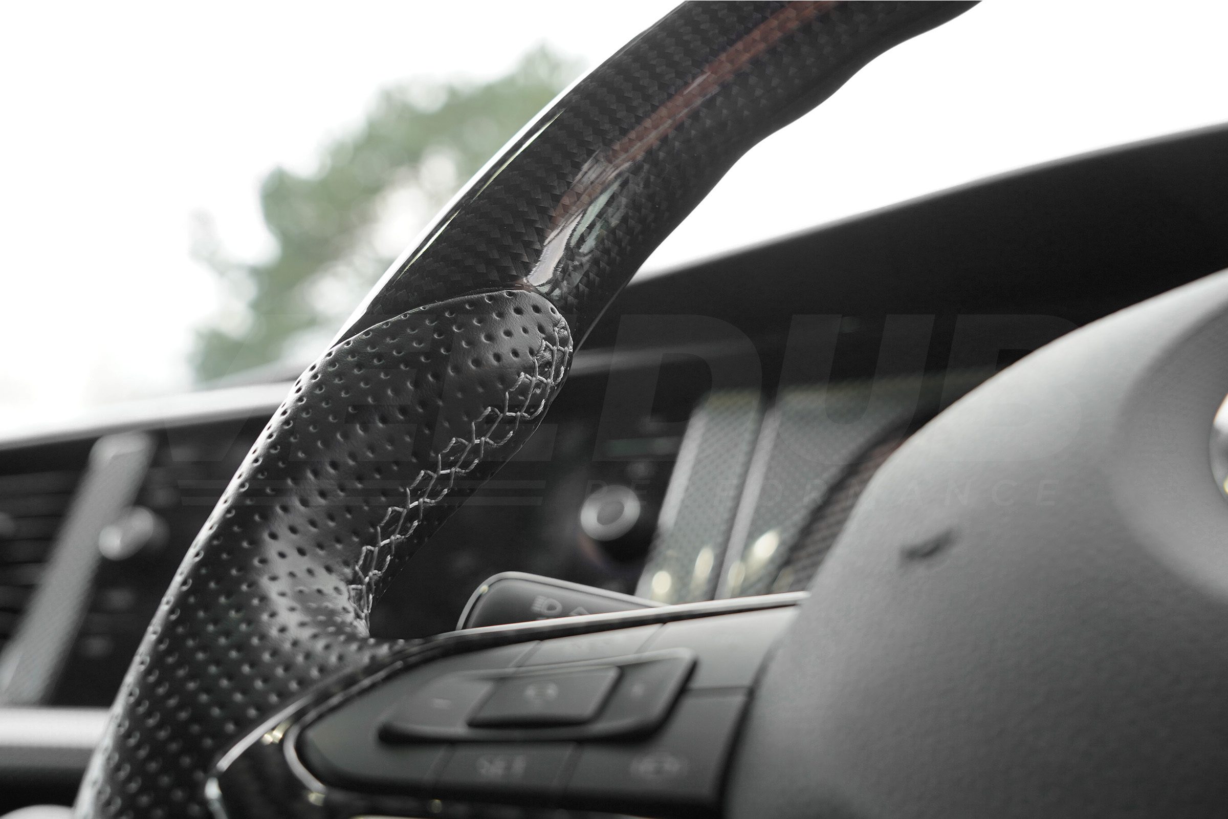 T6.1 Vee Dub Performance Carbon Fibre & Punched Leather Flat Bottom Steering Wheel (Grey Stitch) - Image 4