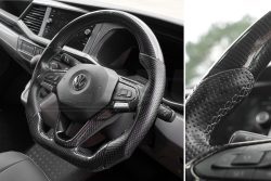 Alternative view of T6.1 Vee Dub Performance Carbon Fibre & Punched Leather Flat Bottom Steering Wheel (Grey Stitch)