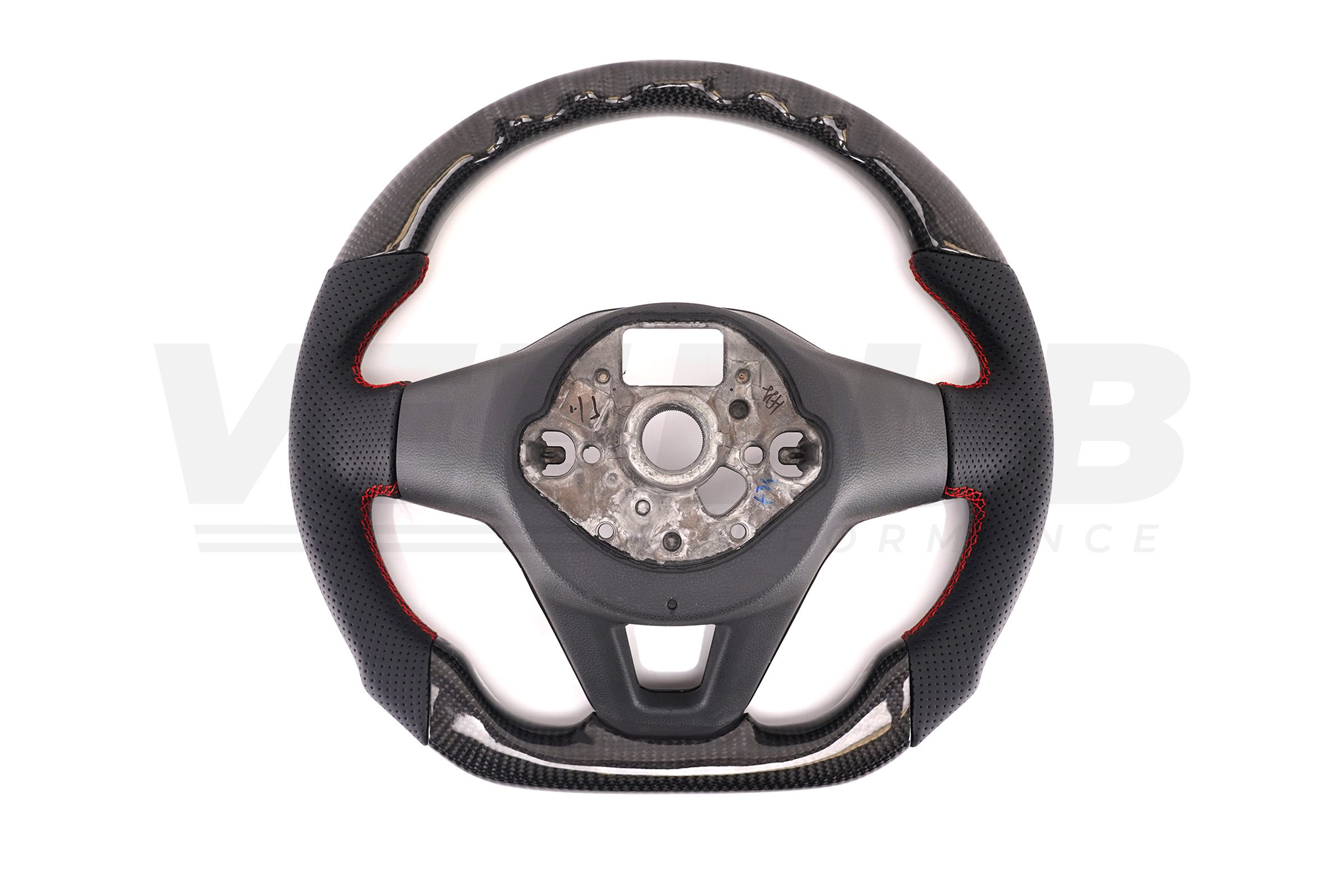 T6.1 Vee Dub Performance Carbon Fibre & Punched Leather Flat Bottom Steering Wheel (Red Stitch) - Image 5