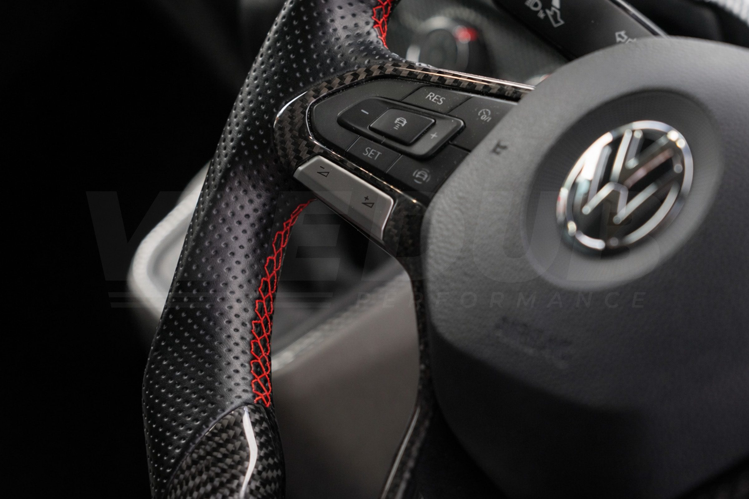 T6.1 Vee Dub Performance Carbon Fibre & Punched Leather Flat Bottom Steering Wheel (Red Stitch) - Image 4