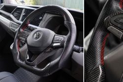 Alternative view of T6.1 Vee Dub Performance Carbon Fibre & Punched Leather Flat Bottom Steering Wheel (Red Stitch)