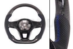 T6.1 Vee Dub Performance Carbon Fibre & Punched Leather Flat Bottom Steering Wheel (Blue Stitch)