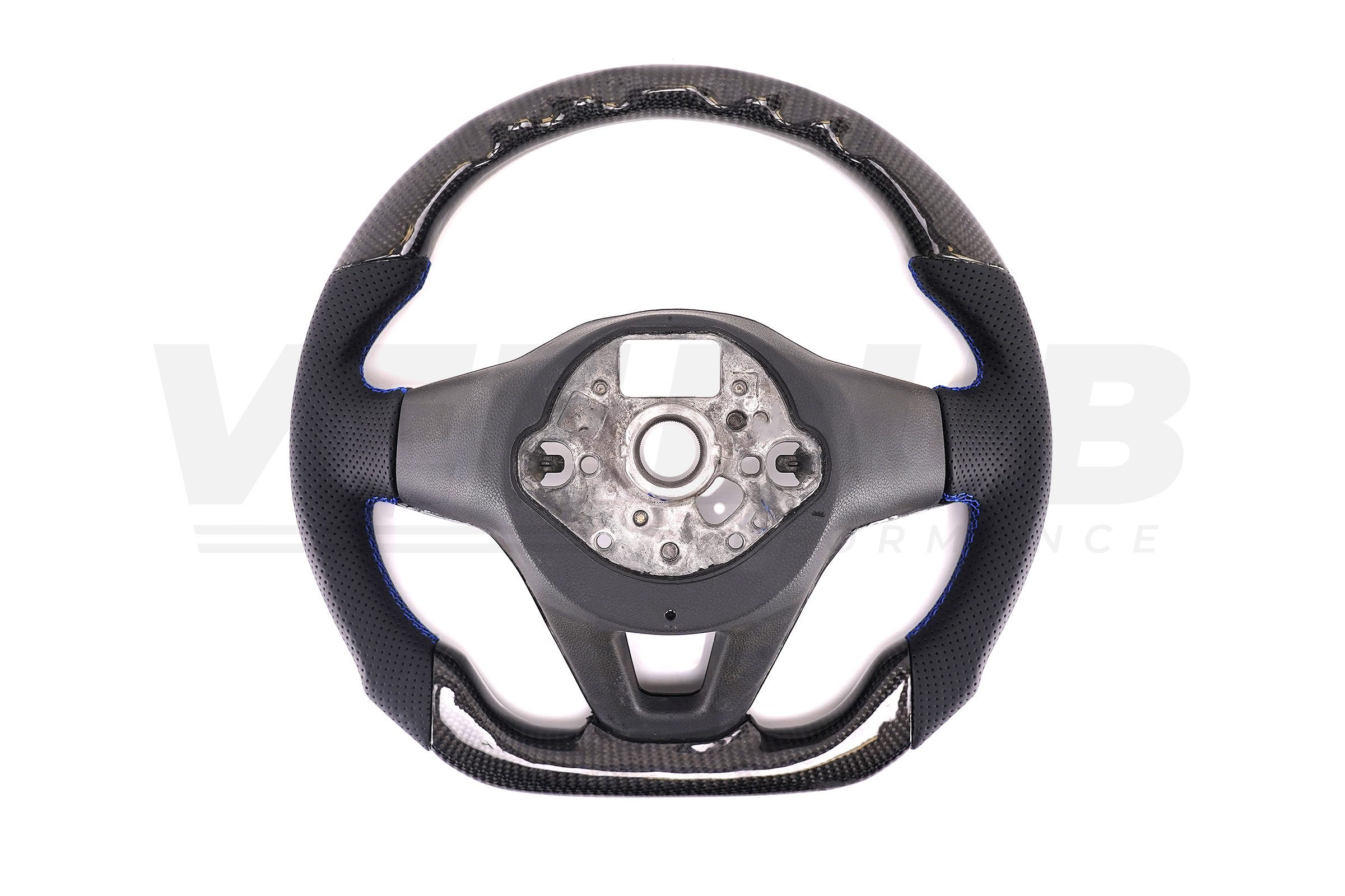 T6.1 Vee Dub Performance Carbon Fibre & Punched Leather Flat Bottom Steering Wheel (Blue Stitch) - Image 5