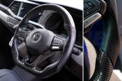 Alternative view of T6.1 Vee Dub Performance Carbon Fibre & Punched Leather Flat Bottom Steering Wheel (Blue Stitch)