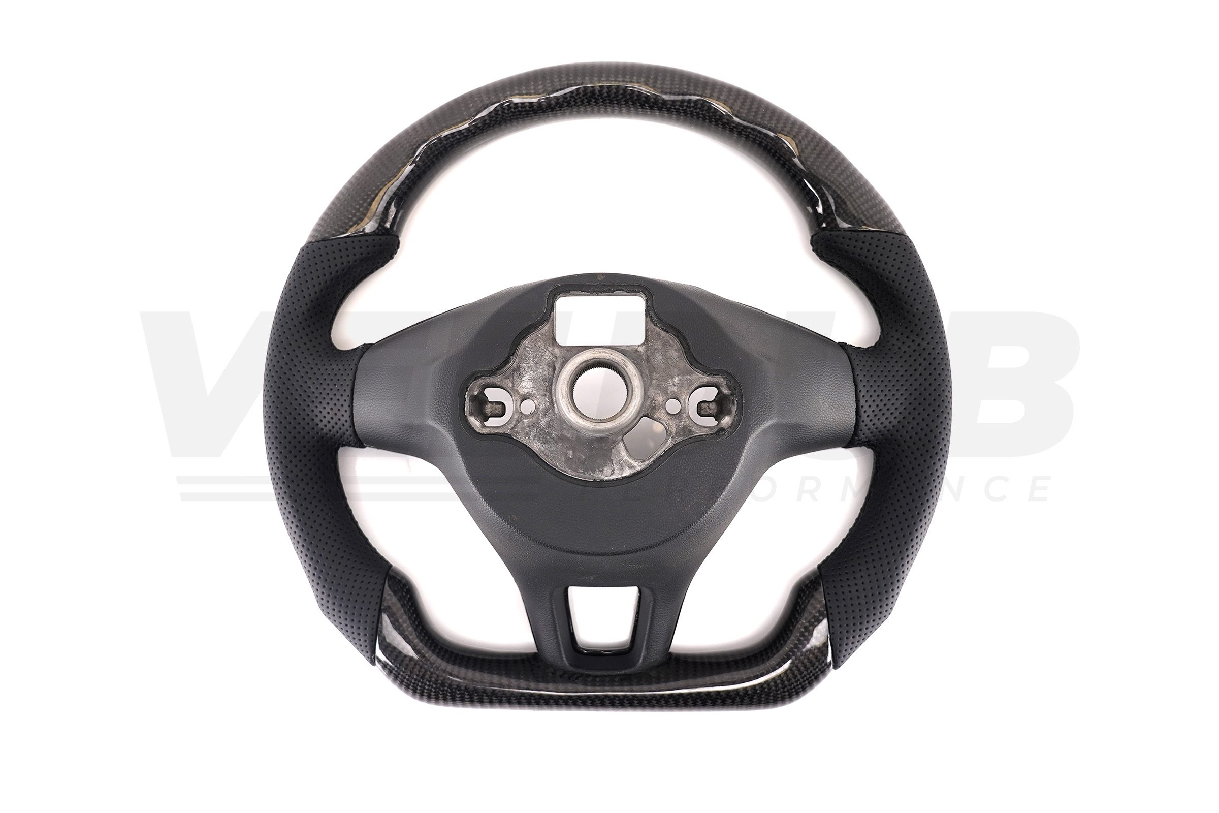 T6 Vee Dub Performance Carbon Fibre & Punched Leather Flat Bottom Steering Wheel (Black Stitch) - Image 5