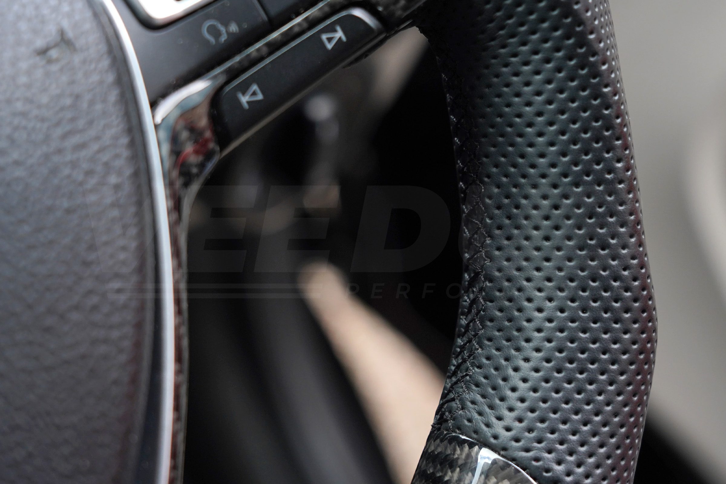 T6 Vee Dub Performance Carbon Fibre & Punched Leather Flat Bottom Steering Wheel (Black Stitch) - Image 4