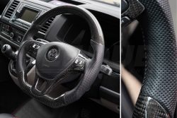 Alternative view of T6 Vee Dub Performance Carbon Fibre & Punched Leather Flat Bottom Steering Wheel (Black Stitch)