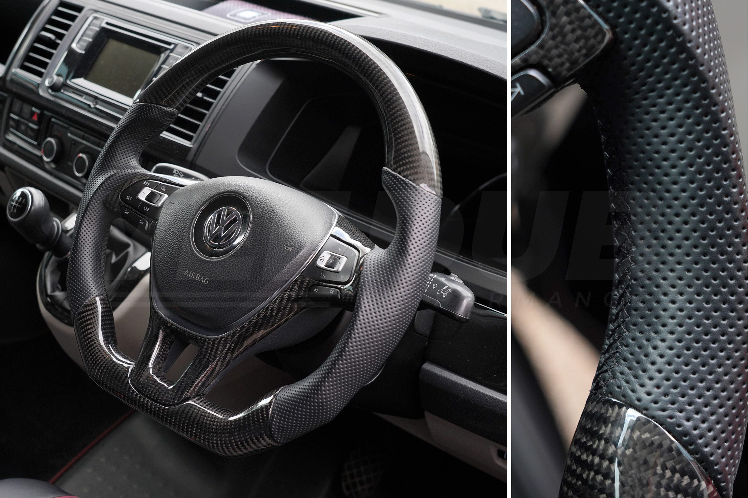 T6 Vee Dub Performance Carbon Fibre & Punched Leather Flat Bottom Steering Wheel (Black Stitch) - Image 2