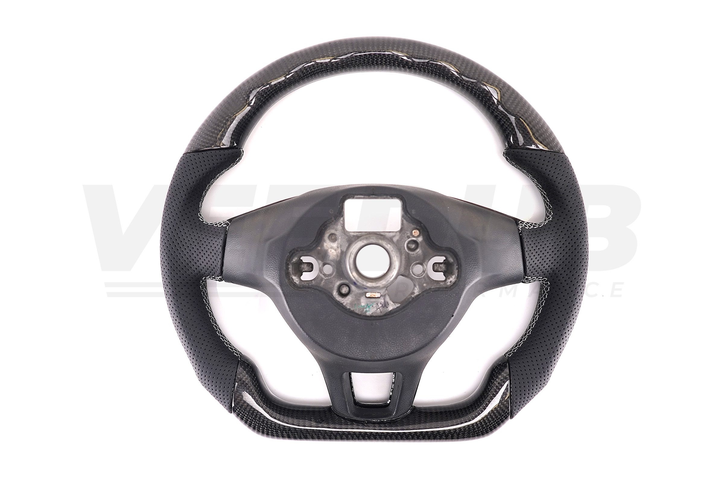 T6 Vee Dub Performance Carbon Fibre & Punched Leather Flat Bottom Steering Wheel (Grey Stitch) - Image 5