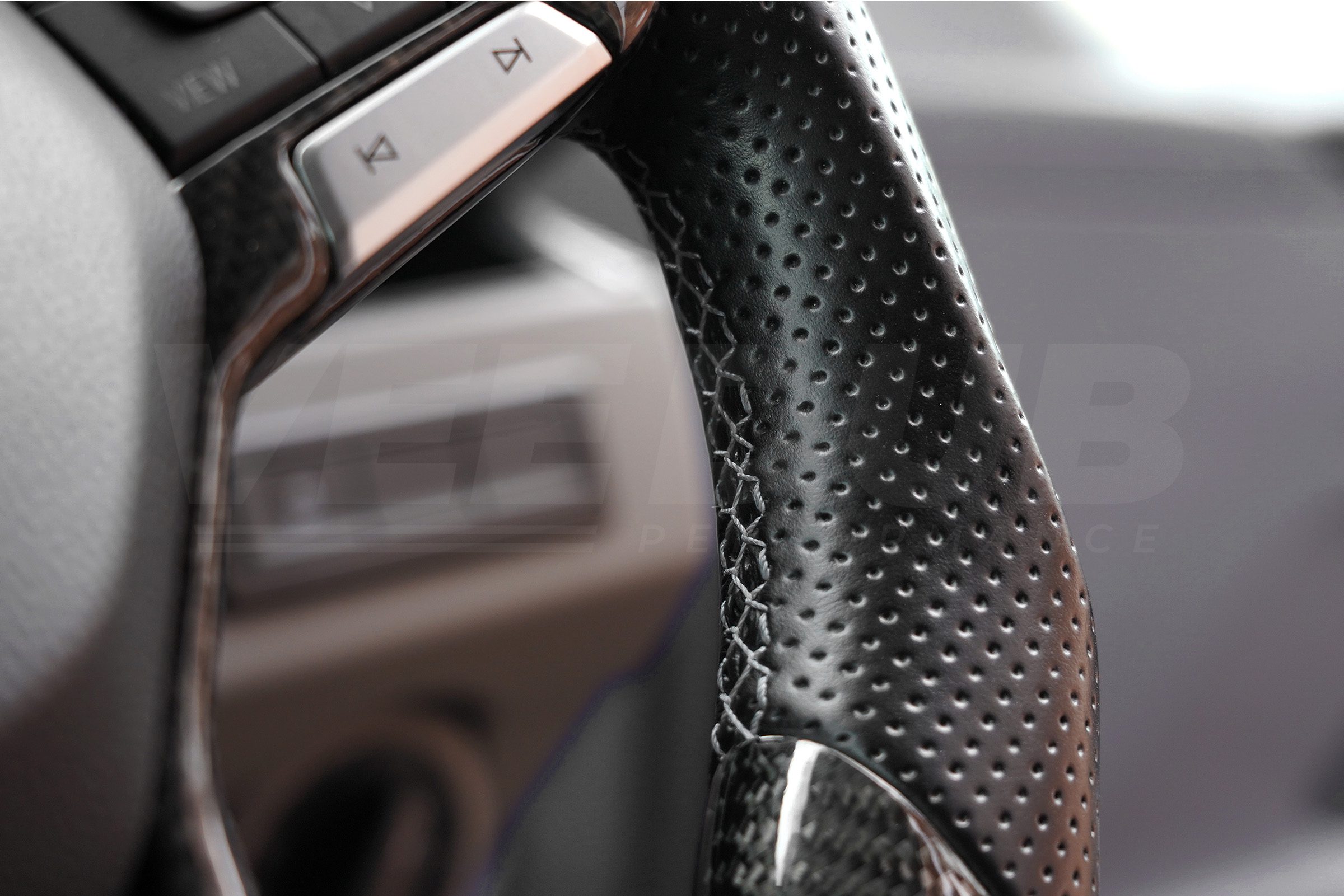 T6 Vee Dub Performance Carbon Fibre & Punched Leather Flat Bottom Steering Wheel (Grey Stitch) - Image 4