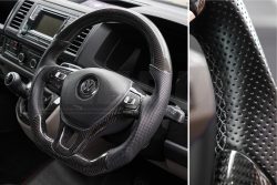 Alternative view of T6 Vee Dub Performance Carbon Fibre & Punched Leather Flat Bottom Steering Wheel (Grey Stitch)