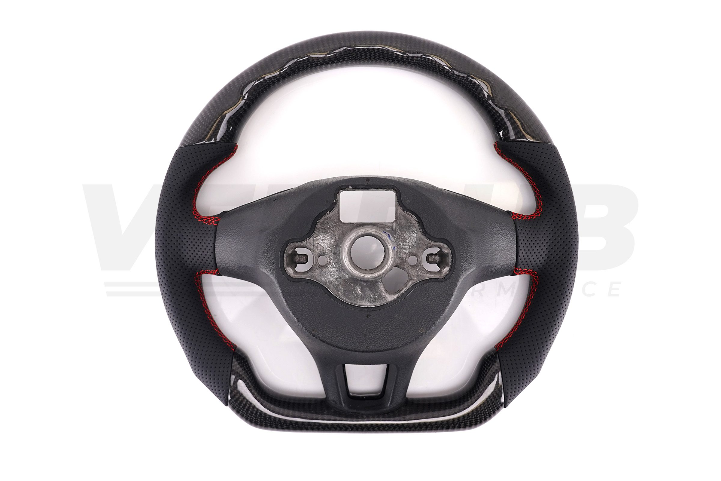 T6 Vee Dub Performance Carbon Fibre & Punched Leather Flat Bottom Steering Wheel (Red Stitch) - Image 5