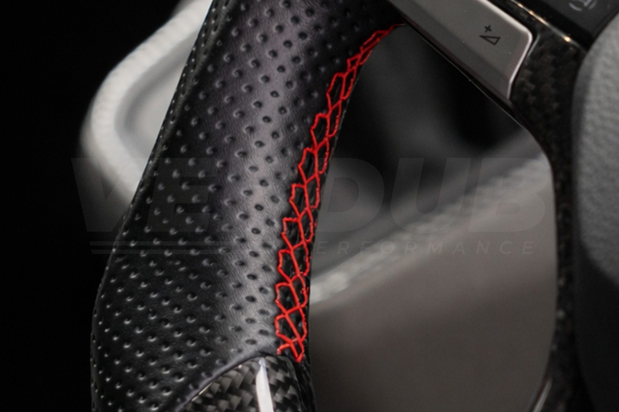 T6 Vee Dub Performance Carbon Fibre & Punched Leather Flat Bottom Steering Wheel (Red Stitch) - Image 4
