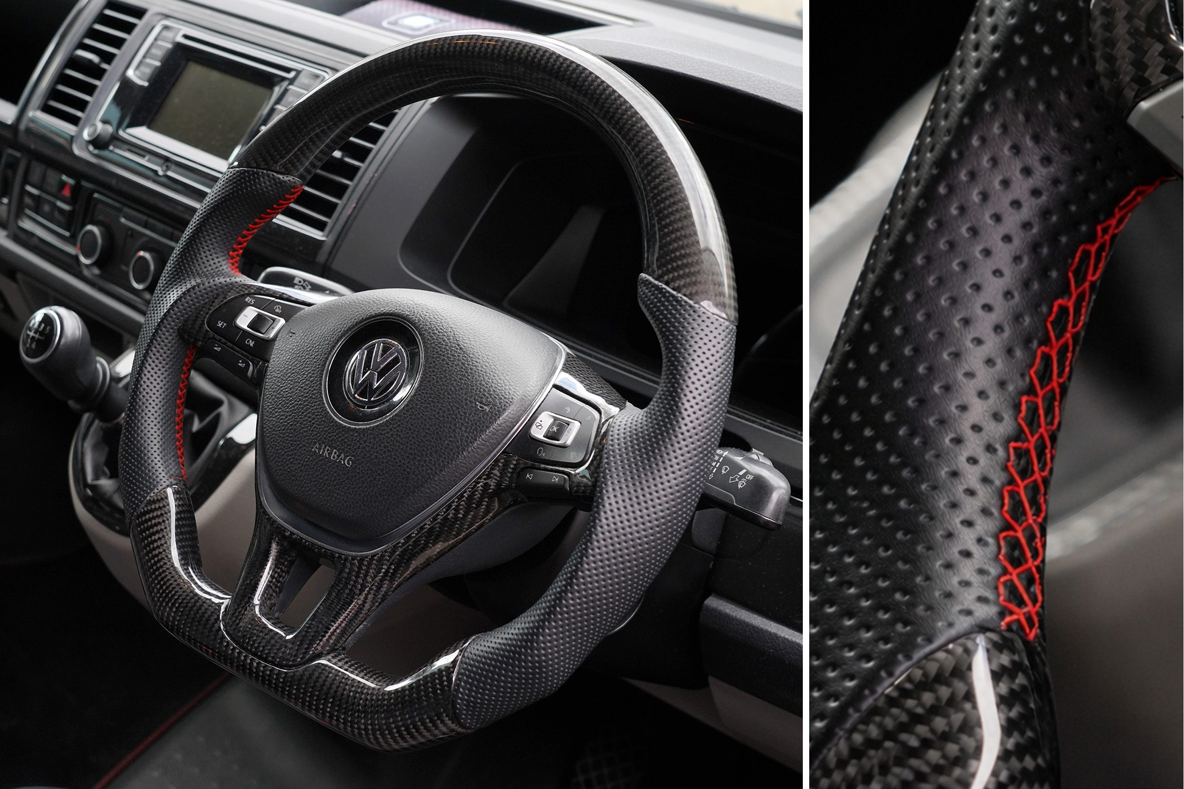 T6 Vee Dub Performance Carbon Fibre & Punched Leather Flat Bottom Steering Wheel (Red Stitch) - Image 2