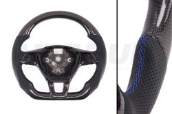 T6 Vee Dub Performance Carbon Fibre & Punched Leather Flat Bottom Steering Wheel (Blue Stitch)
