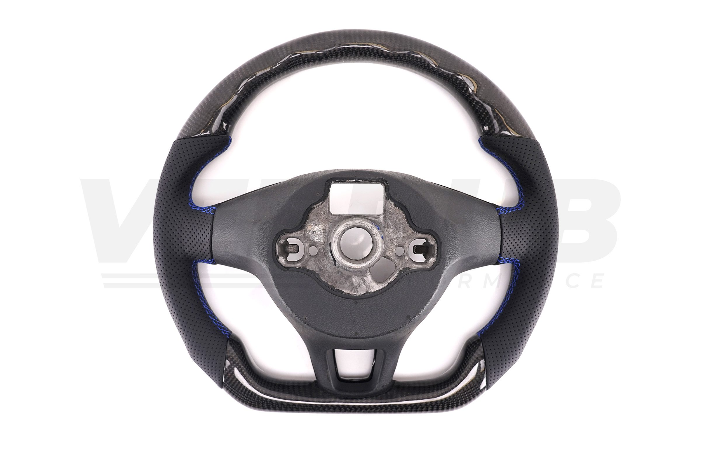 T6 Vee Dub Performance Carbon Fibre & Punched Leather Flat Bottom Steering Wheel (Blue Stitch) - Image 5