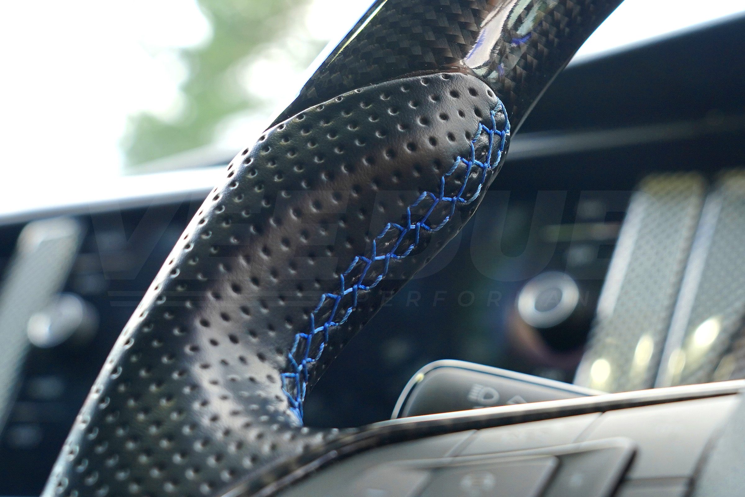 T6 Vee Dub Performance Carbon Fibre & Punched Leather Flat Bottom Steering Wheel (Blue Stitch) - Image 4