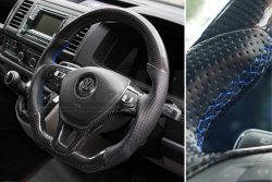Alternative view of T6 Vee Dub Performance Carbon Fibre & Punched Leather Flat Bottom Steering Wheel (Blue Stitch)