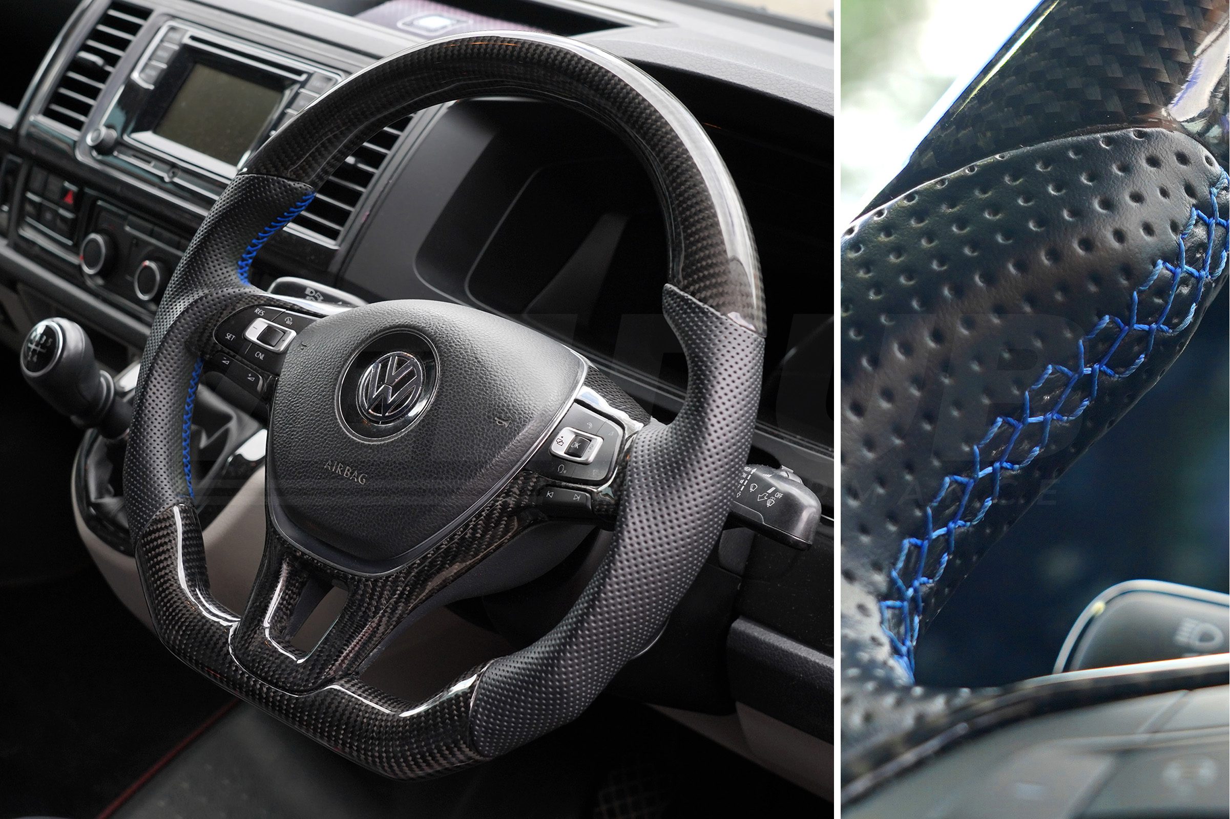 T6 Vee Dub Performance Carbon Fibre & Punched Leather Flat Bottom Steering Wheel (Blue Stitch) - Image 2