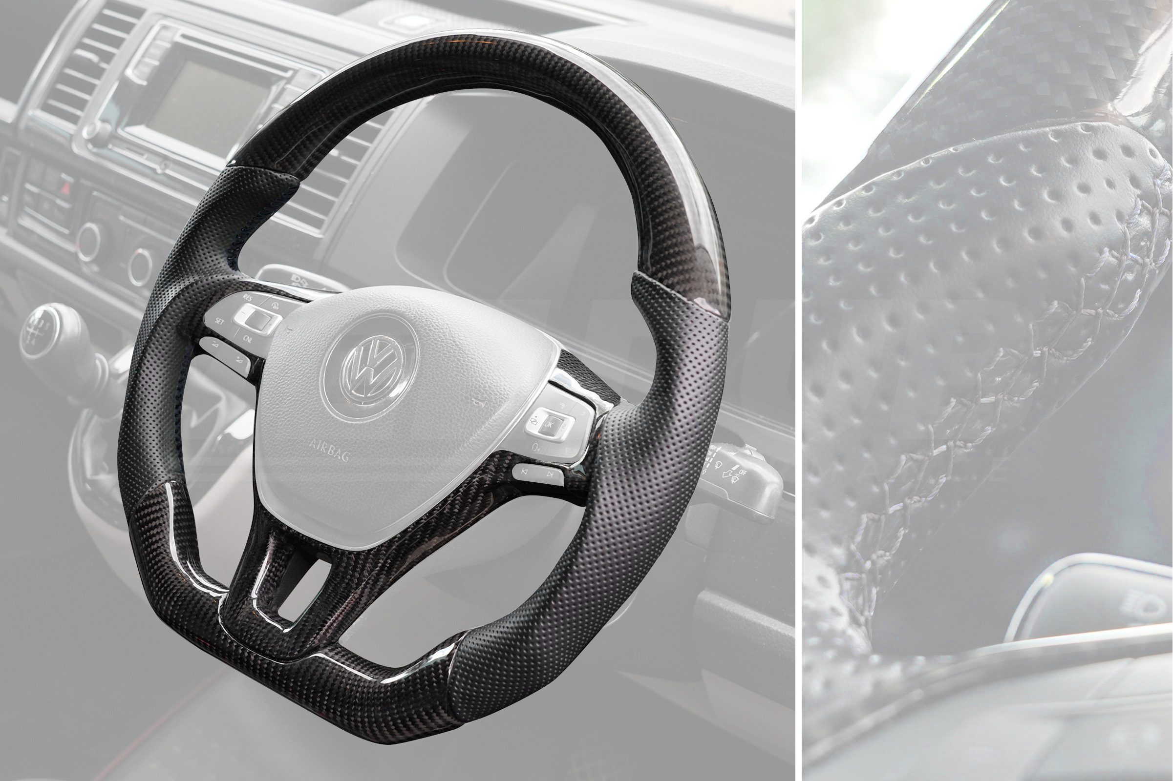 T6 Vee Dub Performance Carbon Fibre & Punched Leather Flat Bottom Steering Wheel (Black Stitch) - Image 3