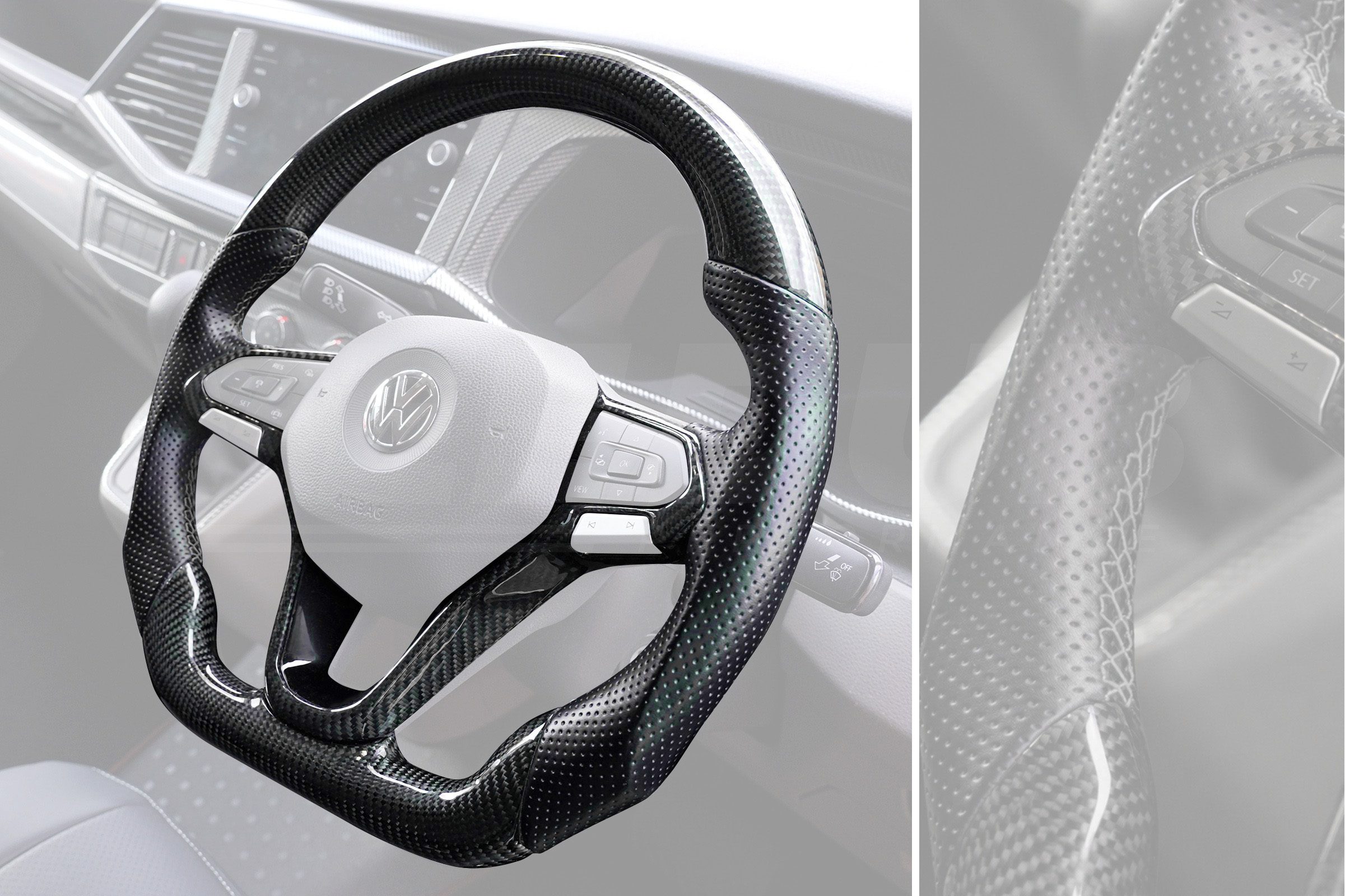 T6.1 Vee Dub Performance Carbon Fibre & Punched Leather Flat Bottom Steering Wheel (Grey Stitch) - Image 3